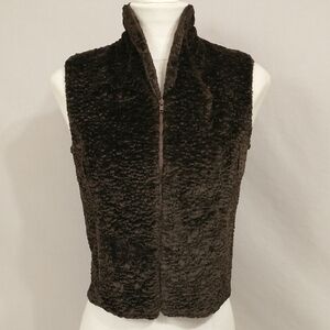 Faux Fur Vest Nicole Miller Collection USA Made Zip Front Dark Coffee Brown Lush